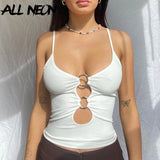 Y2K Aesthetics Hollow Out Green Cami Tops 2000s Fashion Summer Holes Straped Backless Crop Tops E-girl Streetwear