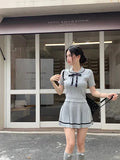 Girl College Style Suit Women's Autumn Knitted Pleated Dress Turn-down Collar Bow Top Two-piece Set Fashion Female