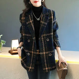 Autumn And Winter New Fashion Korean Loose Thin Retro Lattice Splicing Hundred Suit Collar Hair Coat