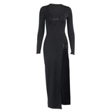 Women Autumn Winter V Neck Slim Long Sleeve Hollow Out Black Open Fork Split Long Dress 2020 Fall Clothes