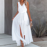 Women New Spring Solid Maxi Dress Elegant Deep V Neck Office Lady Long Dress Summer Sleeveless Hollow Out Hight Slit Party