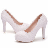Lace Heels Wedding Shoes Lace Pearl Shoes Size Fine Heel Waterproof Shoes