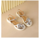 Summer Round Head Flowers Sweet Platform Sandals Comfortable One Word Buckle Beach Wind Low Heel Casual Women's