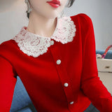 Winter Lace Patchwork Doll Collar Sweet Knitting Cardigan Lady Elegant Fashion All-match Buttons Sweater Top Women