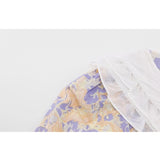 Vintage Broken Flowers Dress Lace Doll Collar Puff Short Sleeve Casual Fashion High Waist Baggy Long Skirt Ladies