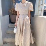 Zingj Chic Summer Age Reduction Doll Collar Bow Jacquard Waist Show Thin Bubble Sleeve Dress With Belt