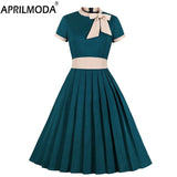 Stye Bow Neck Solid Vintage Pleated Dress 50s 60s Office Slim Fit Black Red Pinup Rockabilly Swing Dress 2022