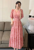 New French Vintage Midi Dresses for Women 2023 Elegant Chic Flower Printed V-neck Fashions Sweet Casual Female