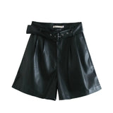 Winter New Women Orange Color PU Bermuda Shorts Faux Leather Belted