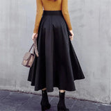 High Waist Skirt With Belt Mom Autumn Chic Single Breasted Pleated Long Maxi Skirt Women Korean Big Swing Umbrella