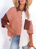 New Long-sleeved Shirt Women's Contrast Color Stitching Off-the-shoulder Cardigan Shirt Fashion Casual Women's