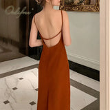 2022 Summer Women Backless Party Dress Sexy Spaghetti Strap Elegant Silk Satin Slip