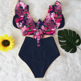 Ruffled Hem Bikini Set Women Flora V-Neck High-Waisted Two Piece Swimsuit 2023 Girl Beach Bathing Suit Swimwear