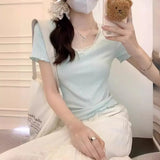 Aesthetic Lace Trim Short Sleeve Bow TeeOutfit