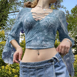 Spring Female Mesh T-shirt Y2K Vintage Print Sexy Women Front Cross Tie Up V Neck Long Split Flare Sleeve Crop Tops