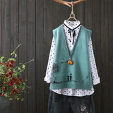 Embroidery V-neck Knitted Sweater Vest Female Literary Fan Loose Sleeveless Cartoon Pattern Sweater Vest Women