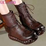 New Vintage Mother Flat Genuine Leather Ankle Boot for Women Cowhide Lace-Up Winter Warm Shoes Woman Platform Snow