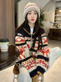 Reindeer Zipper Collar Printed Knitted Cardigan- Outfit