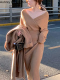 Elegant Long Knitting Dress Women Autumn Sexy Off Shoulder Chic Y2k Dress 2023 Vintage Casual Evening Party Sweater
