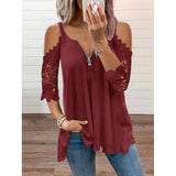 Elegant Hollow Out Shirt Women Sexy Lace Half Sleeve Zipper Casual T Shirt V Neck Loose Plus Size Sling Pullover