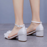 Cm Square Heel Sandals Light Mouth A Word With Coarse Heel Sandals White Flowers Color Lactin Ribbon Bridal Wedding