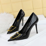 Zingj Korean Version Of Fashion And Slender Thin Heel Shallow Pointed Metal Buckle Single Shoes Women's High