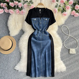 Zingj And Winter Korean Version Of The Socialite Temperament Short Sleeve Round Collar Waist Show Thin Jeans Splicing A-Word Dress Casual T-Shirt
