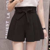 New Korean Chic Lace-Up Bowknot High Waist Shorts Womens Fashion Pleated Wide Leg Shorts Summer Casual Loose
