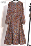 Winter Women Dress 2023 Vintage Lantern Sleeve Floral Print Chiffon Long Dress Casual A-line Elegant Party Vestidos