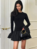 Ruffled Patchwork Long Sleeve Mini Dress- Outfit
