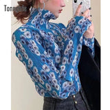 Women T-shirt Fashion Daisy Print Turtleneck Mesh Tops Autumn Long Sleeve Shirts Party Ladies Korean Style Tops