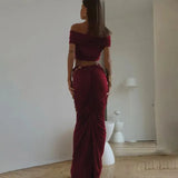 Off-shoulder Crop Top And Ruched Maxi Skirt Set-Outfit