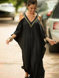 Sexy Cold Shoulder V Neck Bats Sleeve Loose Summer Beach Dress Plus Size Women Beachwear Kaftan Black Dress