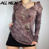 Fairy Grunge Streetwear Hooded Tie Dye Long Tops Y2K Aesthetics Wings Print Long Sleeve Brown T-shirts Punk Tees