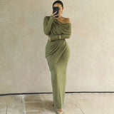 Draped Off-Shoulder Long Sleeve Top And Maxi Skirt Set- Outfit
