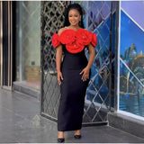 Red Fashion Big Flower Body Sleeveless Tight Casual Long Banded Dress Evening Dress Women's