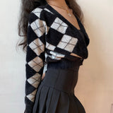 Preppy Style Cardigan Women Long Sleeve Knitted Cardigan Argyle Cashmere Cardigan Streetwear Black Sweater Winter