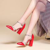 SGESVIER Patent Leather Women Pumps Spring Shoes T-strap Pointed Wedding Pumps Sexy Cut Outs Thick Heel Dress Party Shoes