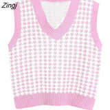 Loose sleeveless vest sweater 2021 autumn winter women's houndstooth knitted vest V-neck sleeveless pullover sweater
