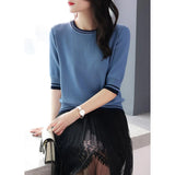 Zingj New Loose Show Thin Middle Sleeve T-Shirt Bottom Top Thin T-Shirt Women's Round Collar Five Minute Sleeve Patchwork Color Knit Women-Outfit