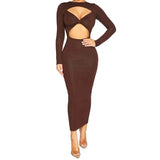 Sexy Women's Dress Fashion Streetwear Hollow Out Spring Slim Long Sleeve Bodycon Long Maxi Evening Party Robe