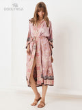 Bikini Cover-ups Pink Boho Print Self Belted Front Open Long Kimono Dress Beach Tunic Women Swim Suit Cover Up