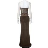 Brown Mesh Corset Bodysuit And Maxi Skirt Set-Outfit