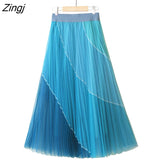 Long Skirt Women Fashion Contrast High Waist A-Line Pleated Skirt Harajuku Korean Style Black Mesh Midi Skirt Faldas