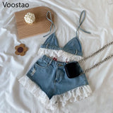 Sweet Lolita Style Denim Shorts Sets Girls Sexy Lace Bandage Camisole Crop Tops Ruffles Jeans Short Pants Women 2PC