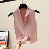 Summer Spring zipper Knit Tank Top Cami Korean Camisole Elastic Vest O Neck Solid Color New Slim Breathable Tops