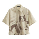 Summer New Women's Niche Fun Stamp Cotton Open Skirt Shirt