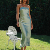 Satin Basic Strapless Midi Dress For Women Gown Summer New Hollow Out Sleeveless Backless Bodycon Party Club