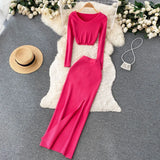 Zingj Ripe Wind Two Sets Female Summer Temperament Short Long Sleeve T Shirt Top High Waist Slim Slit Hip Long