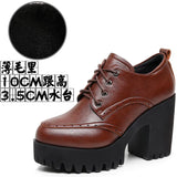 Brown Bullock Women's Shoes With English Carved Small Leather Shoes Thick Heel High Heel Waterproof Table Round Head Deep Mouth Single